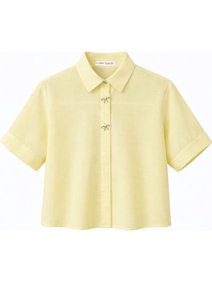 Mixray 4663 Kadın Kombin Düğmeli Crop Gömlek Sarı