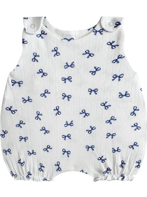 Antebies Organik Gots Sertifikalı Mavi Kurdele Jakar Omuzda Çıtçıtlı Kolsuz Şortlu Balon Kız Bebek Tulum