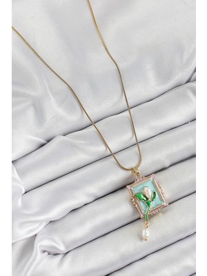Shopwave 316L Çelik Zincir Turkuaz Sanatsal Portre Sallantılı Inci Detaylı Lale Model Gold Renk Kadın Kolye