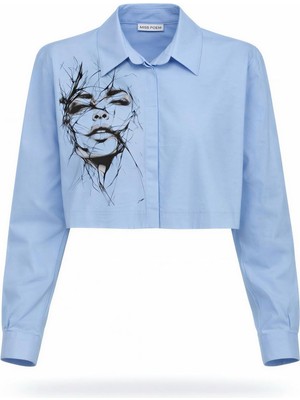 Miss Poem Kadın Mavi Baskılı Crop Gömlek