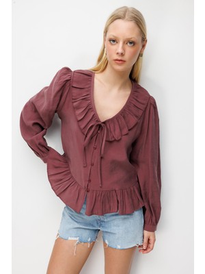 Mixray 4813 Kadın Volanlı V Yaka Bluz Mürdüm