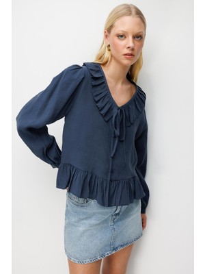 Mixray 4813 Kadın Volanlı V Yaka Bluz Lacivert
