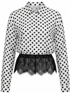 Miss Poem Kadın Siyah Puantiye Desenli Dantel Detaylı Gömlek