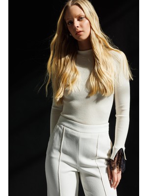 Mixray 7024 Kadın Kolu Dantelli Fitilli Kazak Naturel