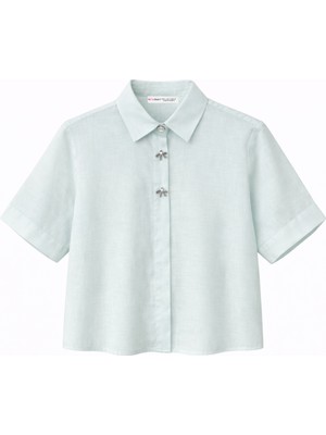 Mixray 4663 Kadın Kombin Düğmeli Crop Gömlek Bebe Mavi