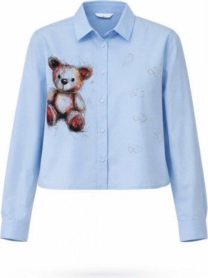 Miss Poem Kadın Mavi Ayıcık Baskılı Taş Detaylı Uzun Kollu Gömlek