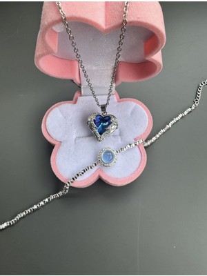 Gözde Aksesuarım Okyanus Kalbi Kolye Ile Mavi Taşlı Çelik Bileklik Seti