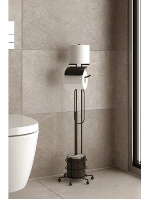 Evistro Banyo Tuvalet Fırçalığı Tuvalet Kağıdı Askısı Yedekli Ayaklı Siyah