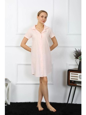 Beruflic Kadın Pamuk Keten Kısa Kol Düğmeli Pudra Tunik Gecelik