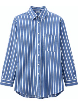 Mixray 4367 Kadın Çizgili Oversize Gömlek Koyu Mavi