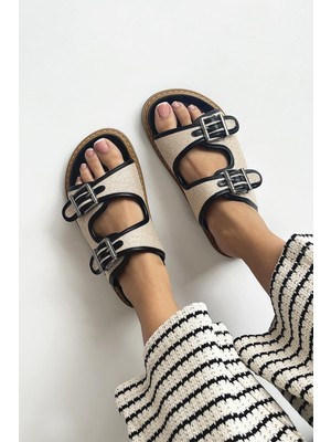 Straswans Moss Kadın Hasır Detay  Günlük Deri Terlik Siyah