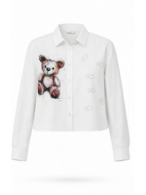 Miss Poem Kadın Beyaz Ayıcık Baskılı Taş Detaylı Uzun Kollu Gömlek