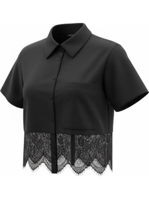 Miss Poem Kadın Siyah Dantel Detaylı Kısa Kollu Gömlek