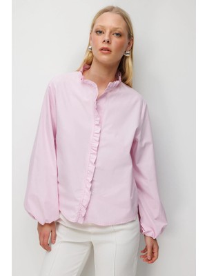 Mixray 4821 Kadın Fırfırlı Balon Kol Gömlek Pembe