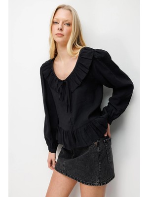 Mixray 4813 Kadın Volanlı V Yaka Bluz Siyah
