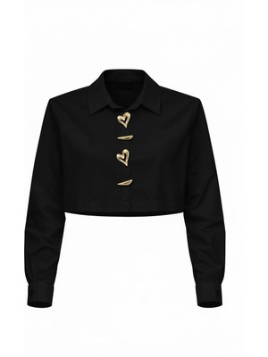 Miss Poem Kadın Siyah Düğme Detaylı Crop Gömlek