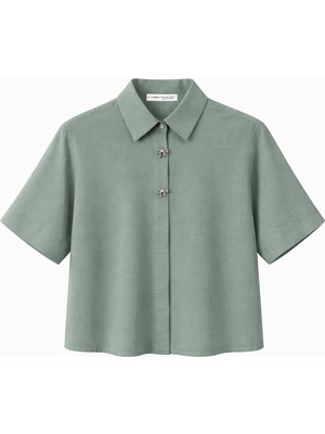 Mixray 4663 Kadın Kombin Düğmeli Crop Gömlek Yeşil