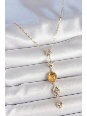 Shopwave Pirinç Zincir Kehribar Sarı Gold Renk  Zirkon Taşlı Y Kolye