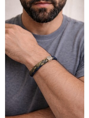 Herşey Nota Imperial Dual Hakiki Deri Erkek Bileklik – Haki & Lacivert Örgü – Metal Detaylı Çelik KILIT-1327