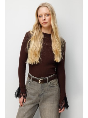 Mixray 7024 Kadın Kolu Dantelli Fitilli Kazak Kahve