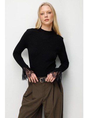 Mixray 7024 Kadın Kolu Dantelli Fitilli Kazak Siyah