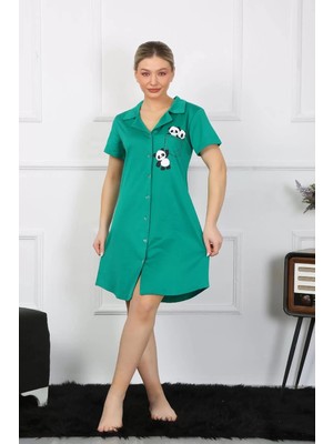 Beruflic Kadın Pamuklu Penye Kısa Kol Düğmeli Yeşil Tunik Gecelik