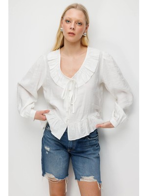 Mixray 4813 Kadın Volanlı V Yaka Bluz Ekru