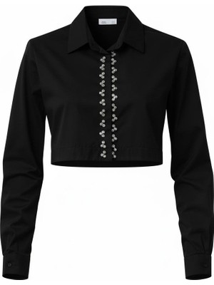 Miss Poem Kadın Siyah Taş Detaylı Crop Gömlek