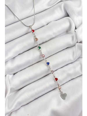 Shopwave Pirinç Gümüş Renk Karışık Renk Zirkon Taşlı Kalpli Y Kadın Kolye