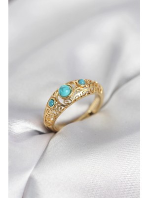 Butik Mey Ithalat® Vintage Model Mavi Taşlı Gold Renk Kadın Yüzük