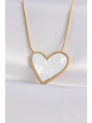 Butik Mey Ithalat® 316L Çelik Zincir Altın Renk Mermer Desenli Kalp Kolye