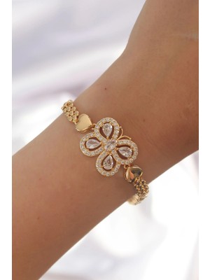 Butik Mey Ithalat® Pirinç Gold Renk Zirkon Taşlı Kelebek Figürlü Parçalı Model Bileklik
