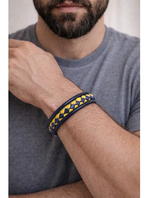 Herşey Nota Hakiki Deri Erkek Bileklik – Lacivert & Sarı Çift Renk Örgü – Çelik Mıknatıslı KILIT20-52
