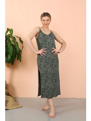 Beruflic Kadın Ip Askılı Yırtmaçlı Uzun Haki Gecelik