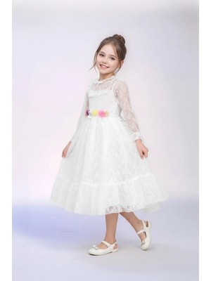Ricalena Kız Çocuk Uzun Kollu Dantel Elbise Çiçek Figürlü Kuşaklı Düğün Mezuniyet Elbisesi