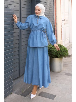 Beli Bağcık Detaylı Etekli Kot Takım Açık Mavi MSV19198