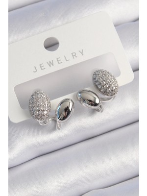 Butik Mey Ithalat® Pirinç Gümüş Renk Zirkon Taşlı Kadın Küpe