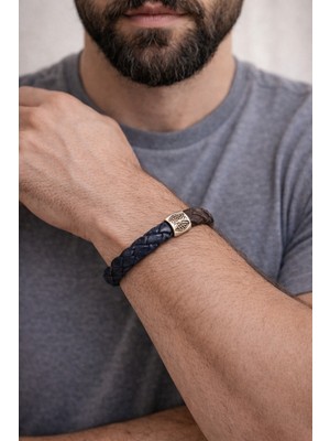 Herşey Nota Royal Contrast Hakiki Deri Erkek Bileklik – Lacivert & Kahverengi Çift Renk – Gold Detaylı Çelik KILIT-1323