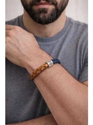 Herşey Nota Hakiki Deri Erkek Bileklik – Taba & Lacivert Çift Renk – Silver Detaylı Çelik KILIT-1322