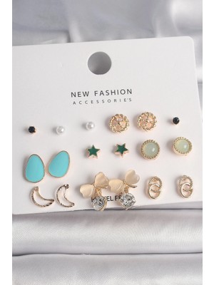 Butik Mey Ithalat® Pirinç Gold Renk Zirkon Taşlı Fiyonk Hilal Figür 9 Çift Kadın Küpe Seti