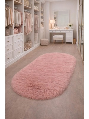 Saymine Kuzu Post Peluş Premium Elips Model Yumuşak Tüylü Halı - Pembe