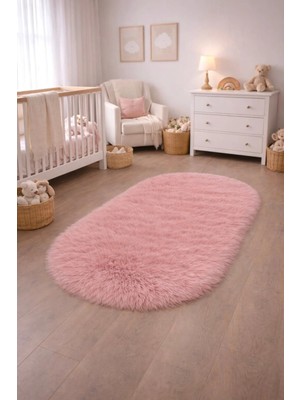 Saymine Kuzu Post Peluş Premium Elips Model Yumuşak Tüylü Halı - Pembe