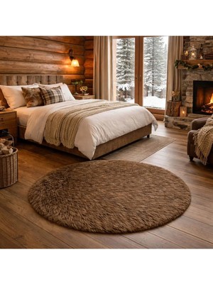 Saymine Kuzu Post Peluş Premium Yuvarlak Desen Yumuşak Tüylü - Kahve