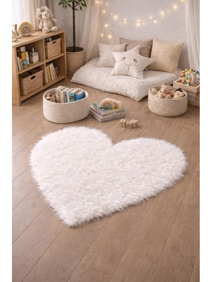 Saymine Kuzu Post Peluş Premium Kalp Desen Yumuşak Tüylü Halı - Beyaz