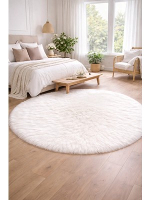 Saymine Kuzu Post Peluş Premium Yuvarlak Desen Yumuşak Tüylü - Beyaz