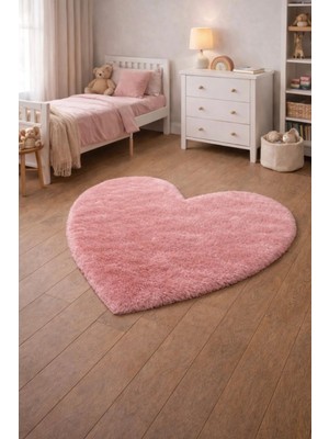 Saymine Kuzu Post Peluş Premium Kalp Desen Yumuşak Tüylü Halı - Pembe