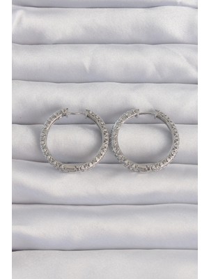 Butik Mey Ithalat® Pirinç Gümüş Renk Zirkon Taşlı Motifli Halka Küpe