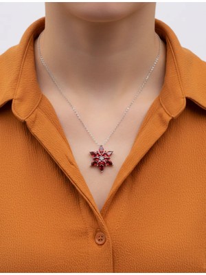 Modahilye 925 Ayar Gümüş Lotus Çiçeği Garnet Renk Taşlı Kolye