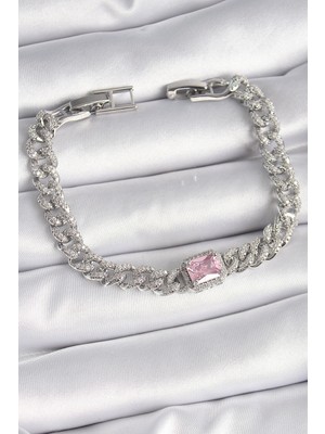 Butik Mey Ithalat® Pirinç Gümüş Renk Pembe Kare Zirkon Taşlı Vıp Seri Kadın Bileklik