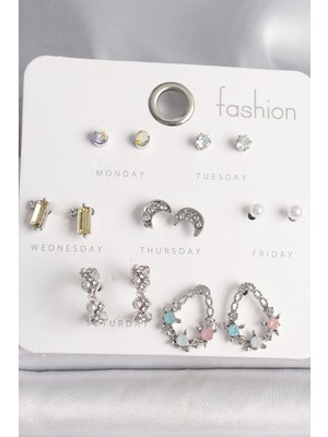 Butik Mey Ithalat® Pirinç Gümüş Renk Renkli Zirkon Taşlı Halka Damla Figür Hilal Detay 7 Çift Kadın Küpe Seti